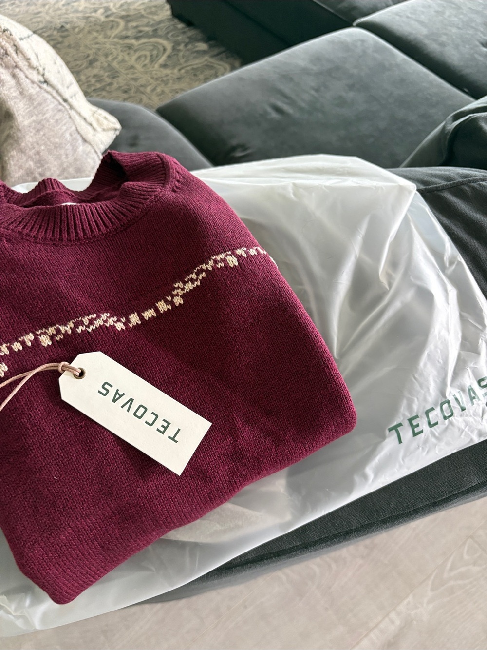 Tecovas Burgundy Crewneck Sweater with Cream Southwestern Accents - Picture 9 of 9
